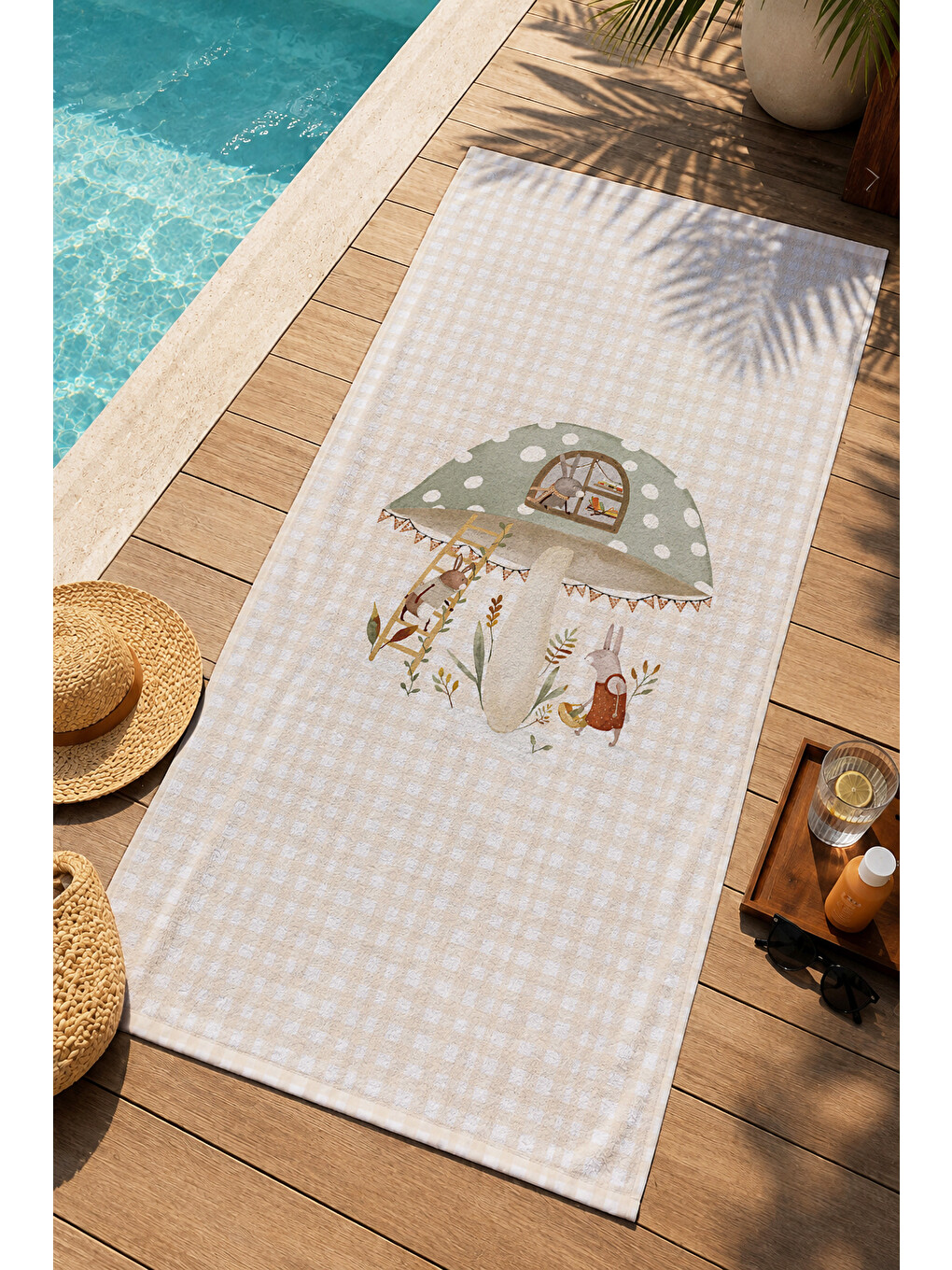 Yeşil Masalsı Mantar Ev Orman Ve Peri Dostları Desenli 70x150 Plaj Havlusu - Dijital Baskılı Banyo Havlusu-3
