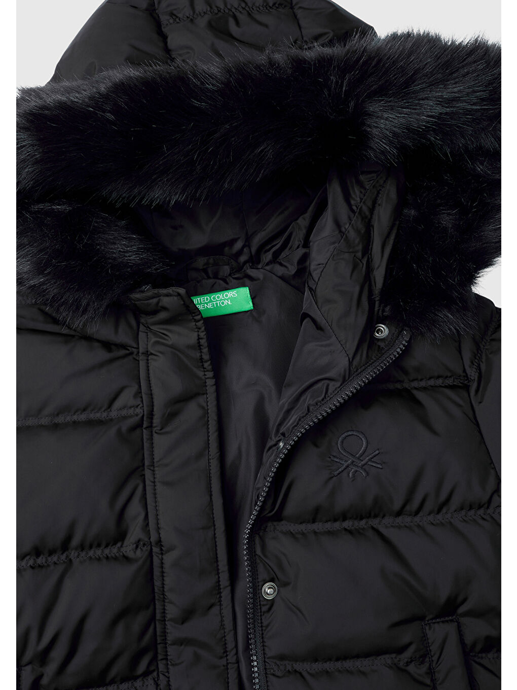 Kız Çocuk Siyah Sol Göğsü Logolu Çıkarılabilir Kapüşonlu Uzun Kuş Tüyü Ceket-2