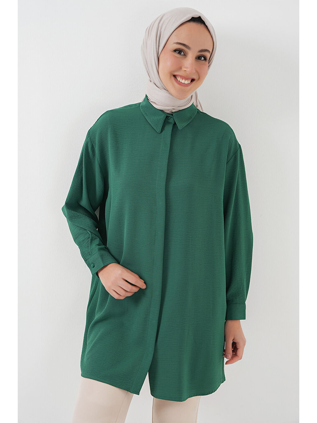 Kadın Uzun Gömlek Tunik 5945 - Zümrüt Yeşili-2