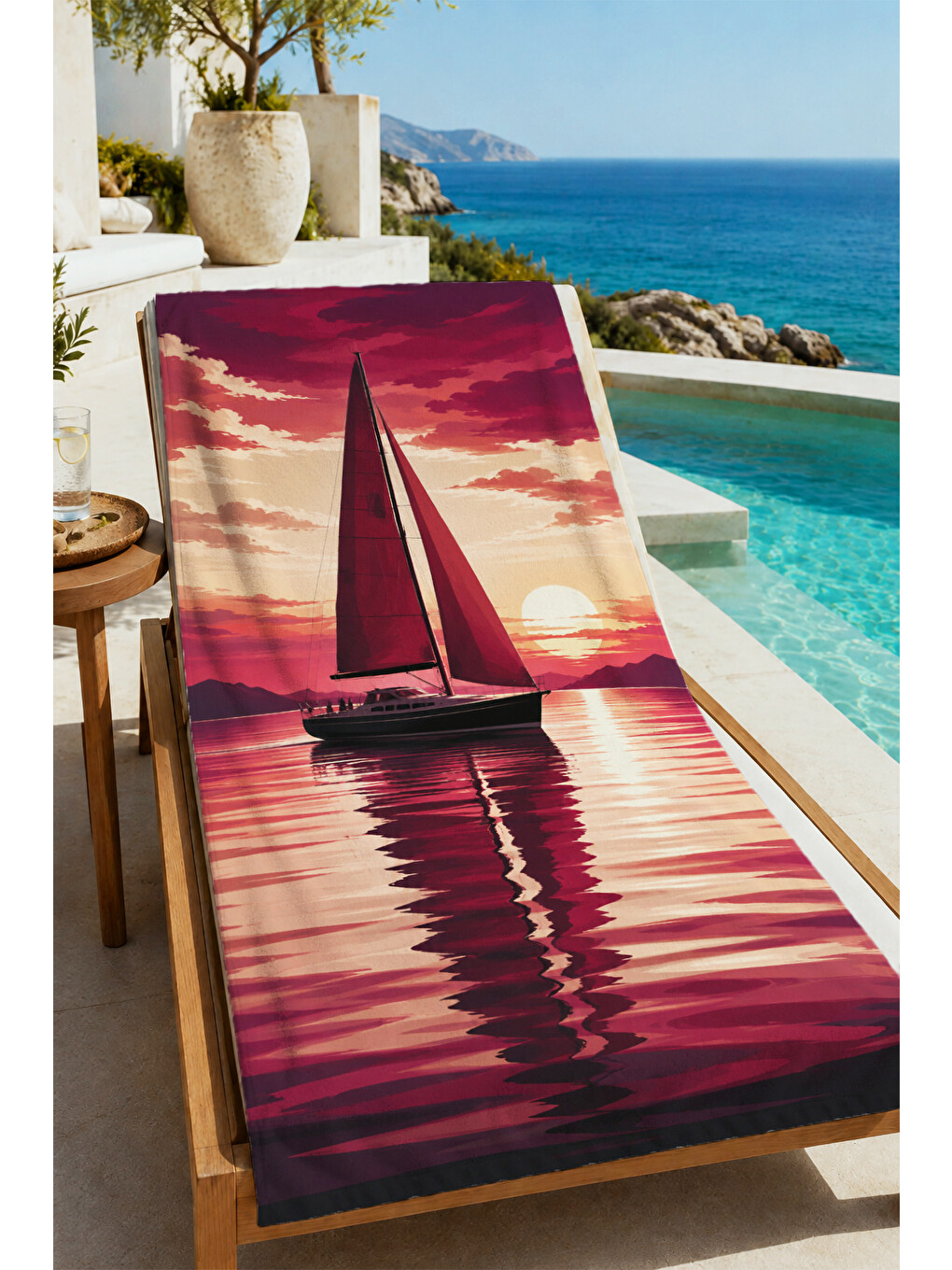 Kırmızı Vintage Bordo Yelkenli Akşam Işığı Deniz Desenli 70x150 Plaj Havlusu - Pamuklu Banyo Havlusu-1