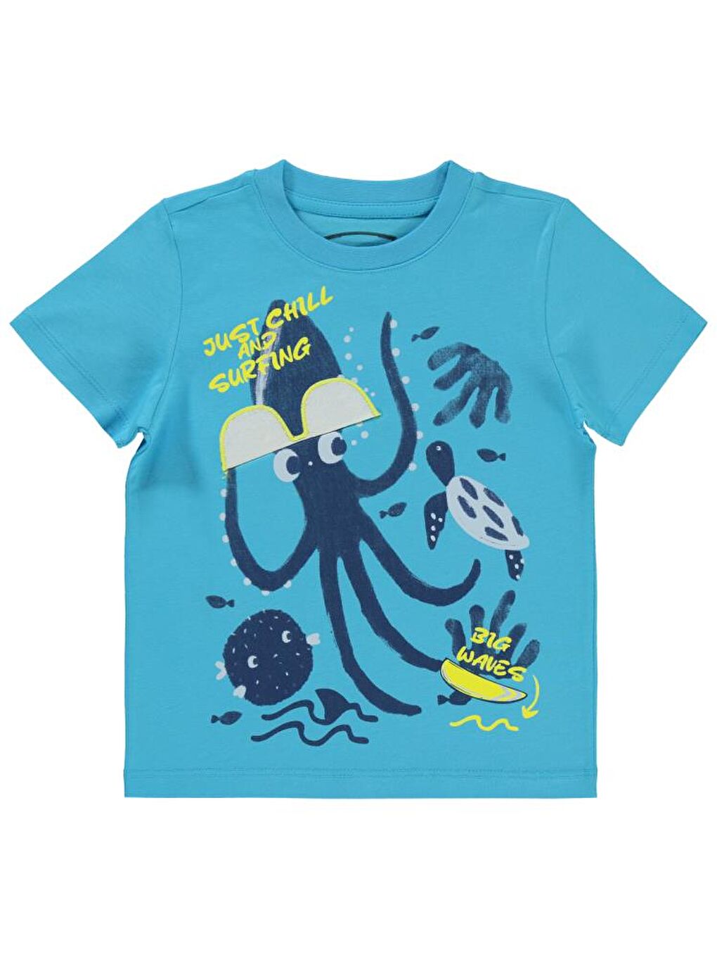Turkuaz Boys Gözlük Nakış Ahtapot Baskılı 2-5 Yaş Tişört-2