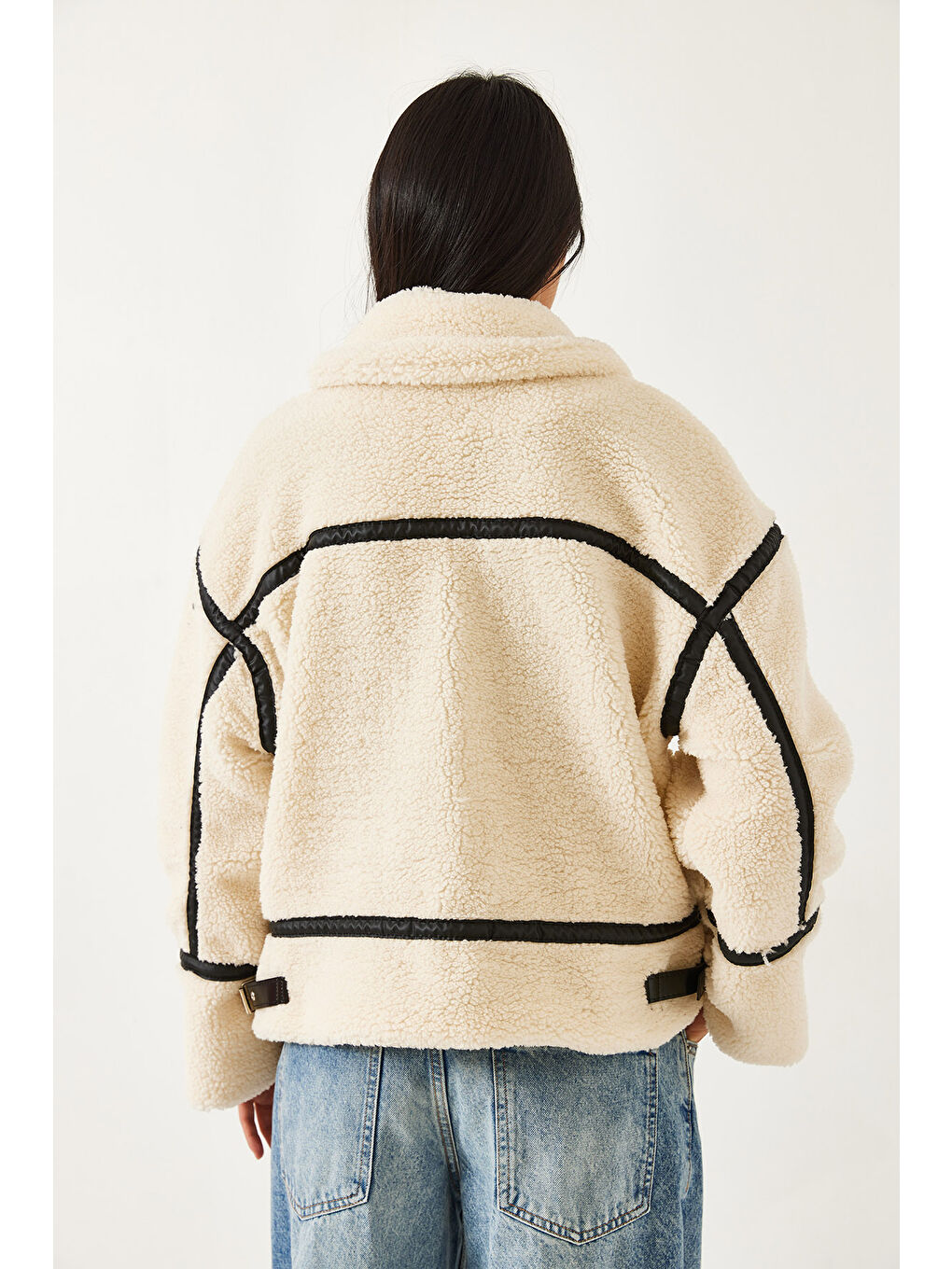 Ekru Kadın Deri Detaylı Pelüş Mont-6