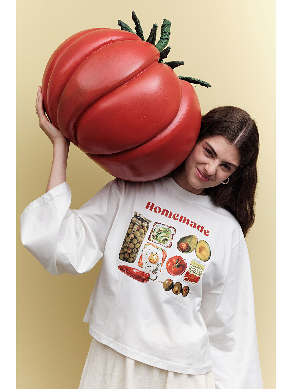 Beyaz Baskılı Crop Uzun Kol T-Shırt Homemade-1