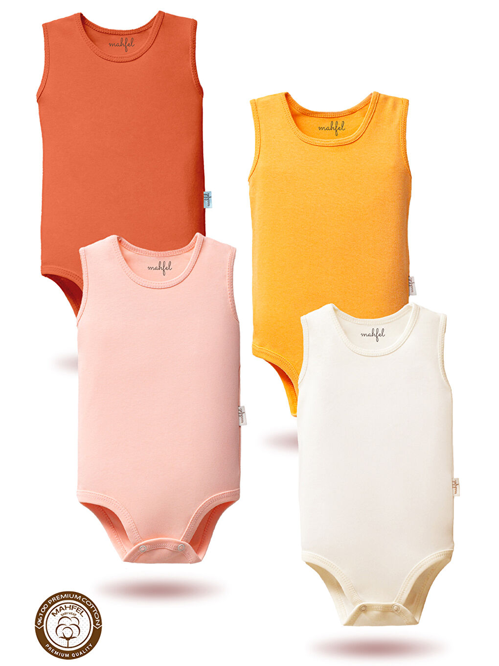 Kahverengi 4'lü %100 Pamuklu Kolsuz Basic Çıtçıtlı Bebek Body Zıbın SRW