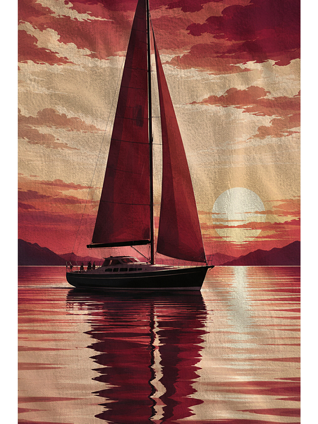 Kırmızı Vintage Bordo Yelkenli Akşam Işığı Deniz Desenli 70x150 Plaj Havlusu - Pamuklu Banyo Havlusu-2