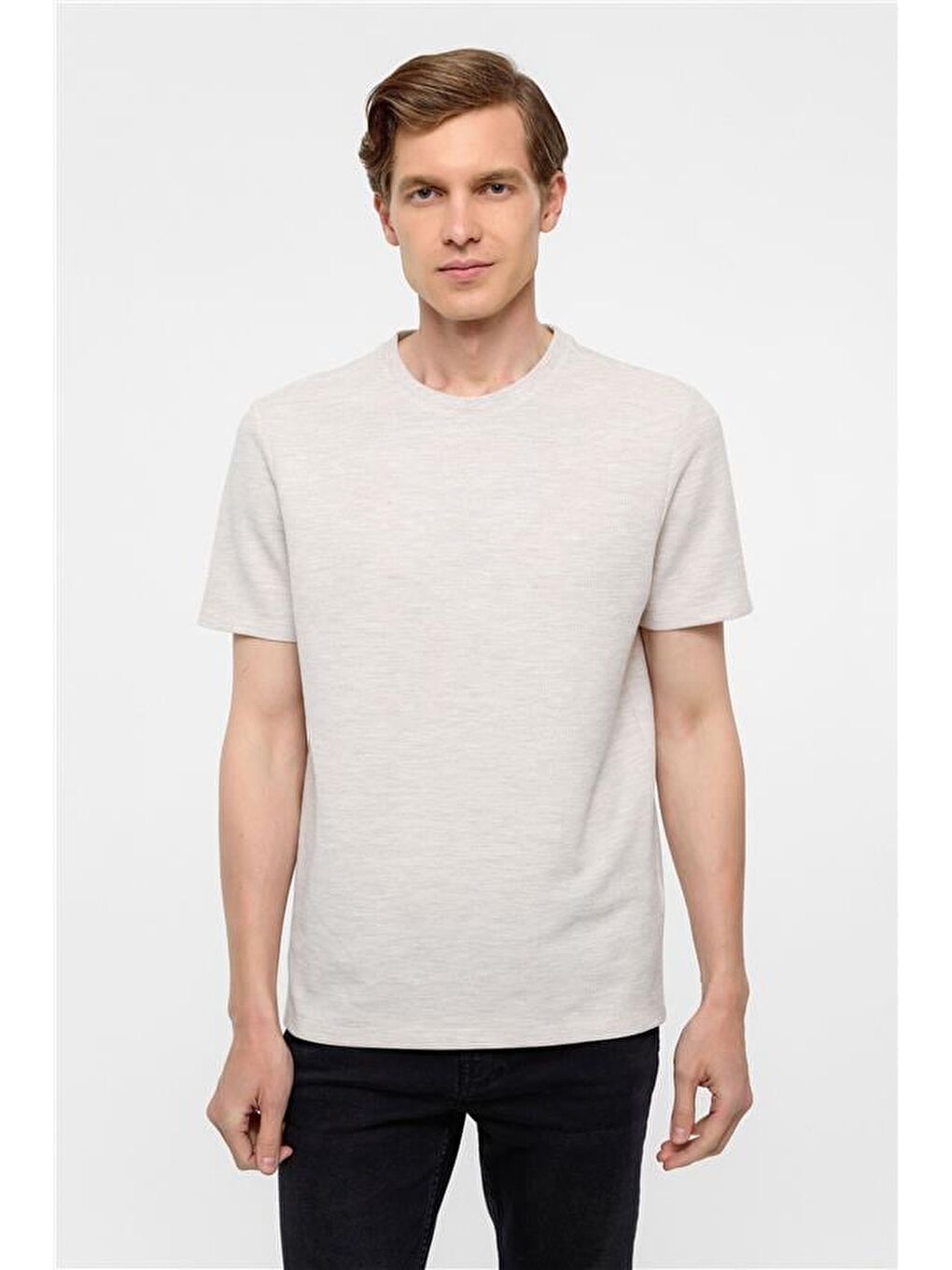 Bej Regular Armürlü Bisiklet Yaka Tişört-2