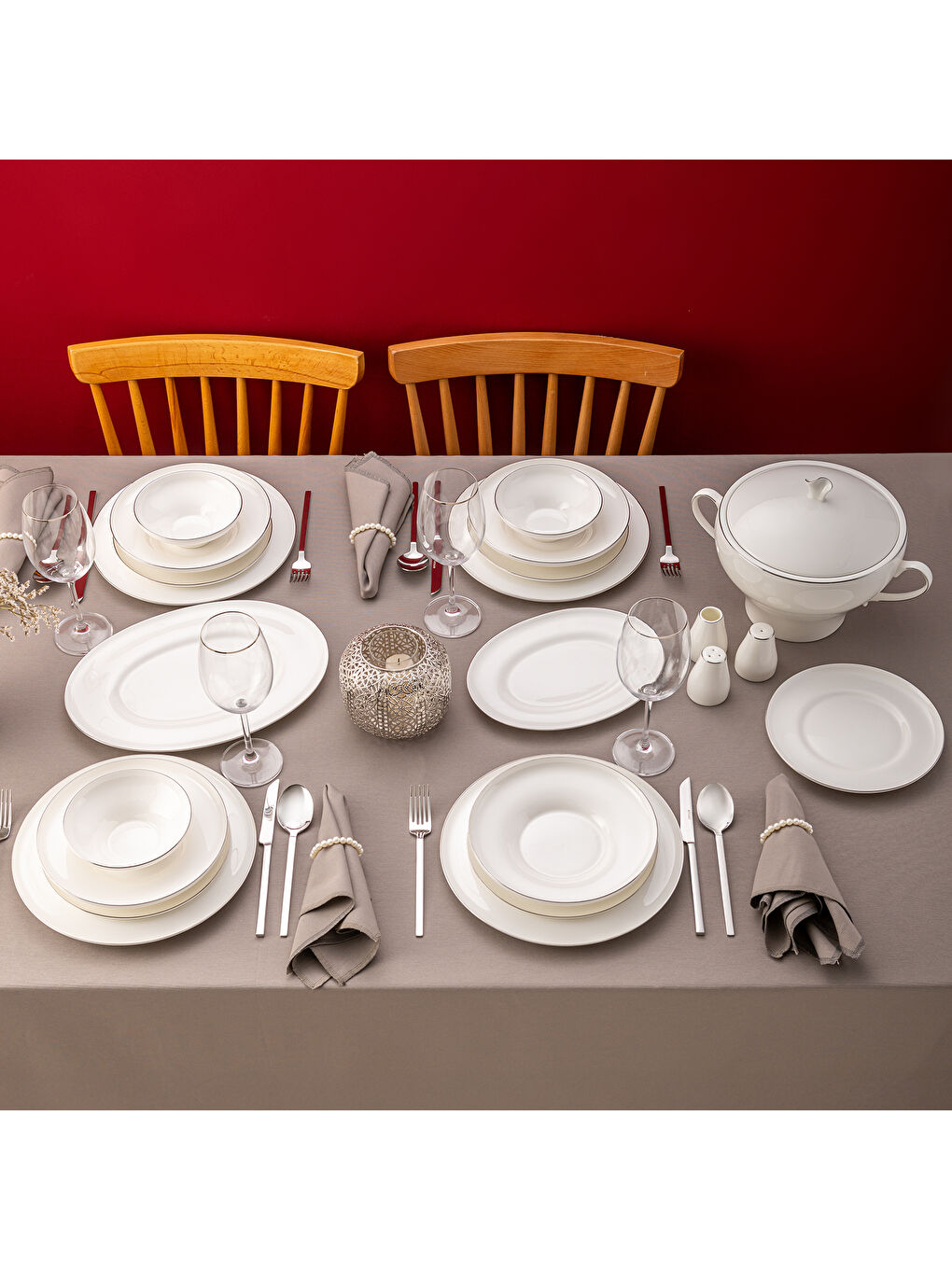 Beyaz Alicia Fine Bone 60 Parça 12 Kişilik Yuvarlak Yemek Takımı Platin-3