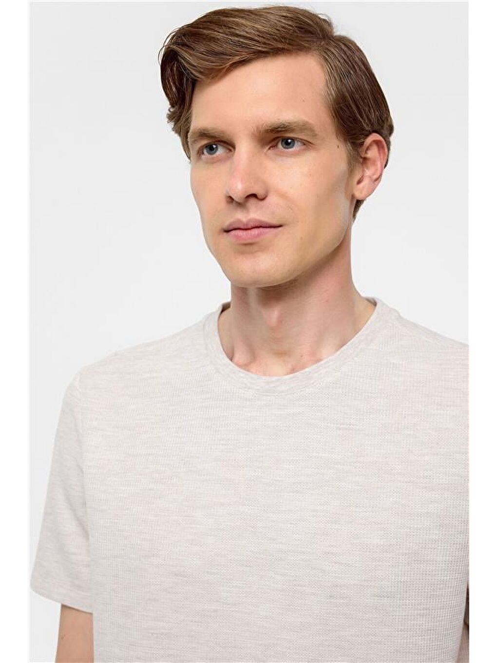 Bej Regular Armürlü Bisiklet Yaka Tişört-3