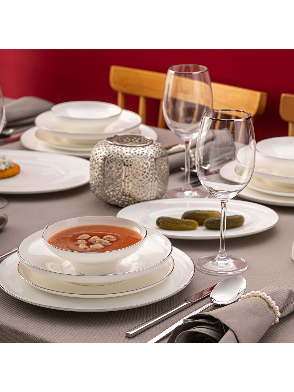 Beyaz Alicia Fine Bone 60 Parça 12 Kişilik Yuvarlak Yemek Takımı Platin-4