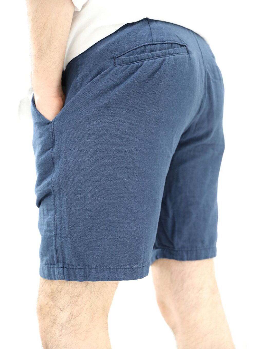 Erkek Lacivert Musli Bağcıklı Keten Şort-1