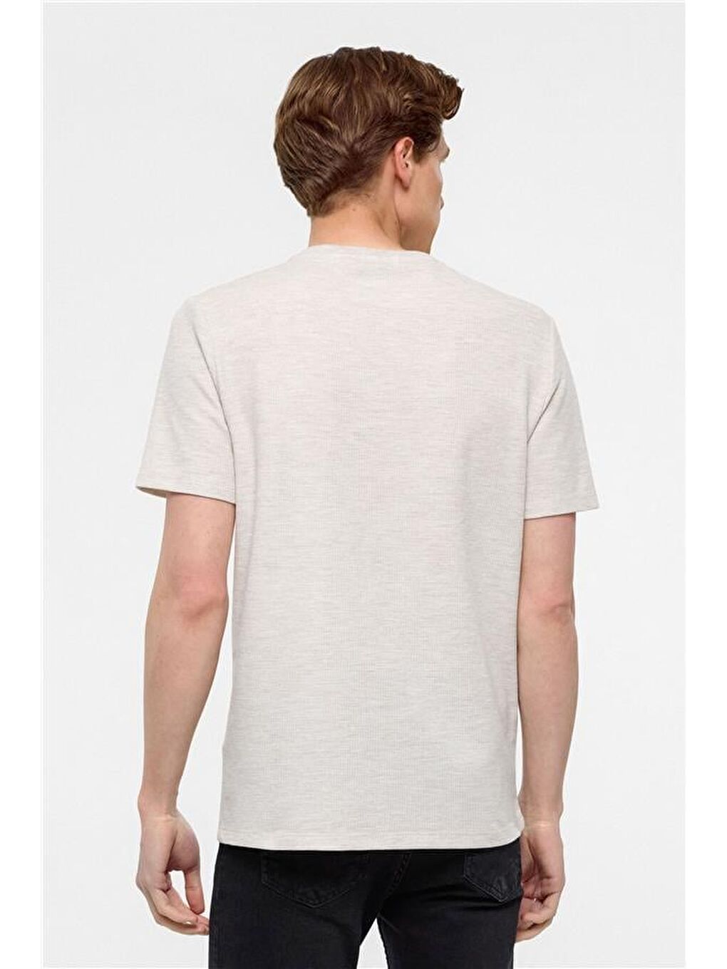 Bej Regular Armürlü Bisiklet Yaka Tişört-4