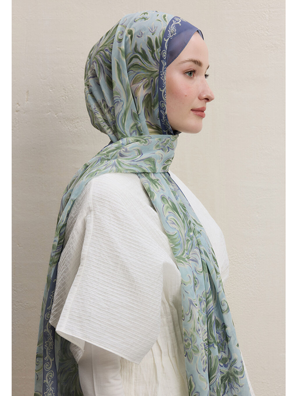 Mavi Laura Desen İpek Krep Şal Okyanus-2