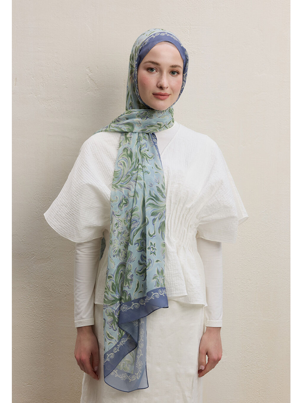 Mavi Laura Desen İpek Krep Şal Okyanus-3