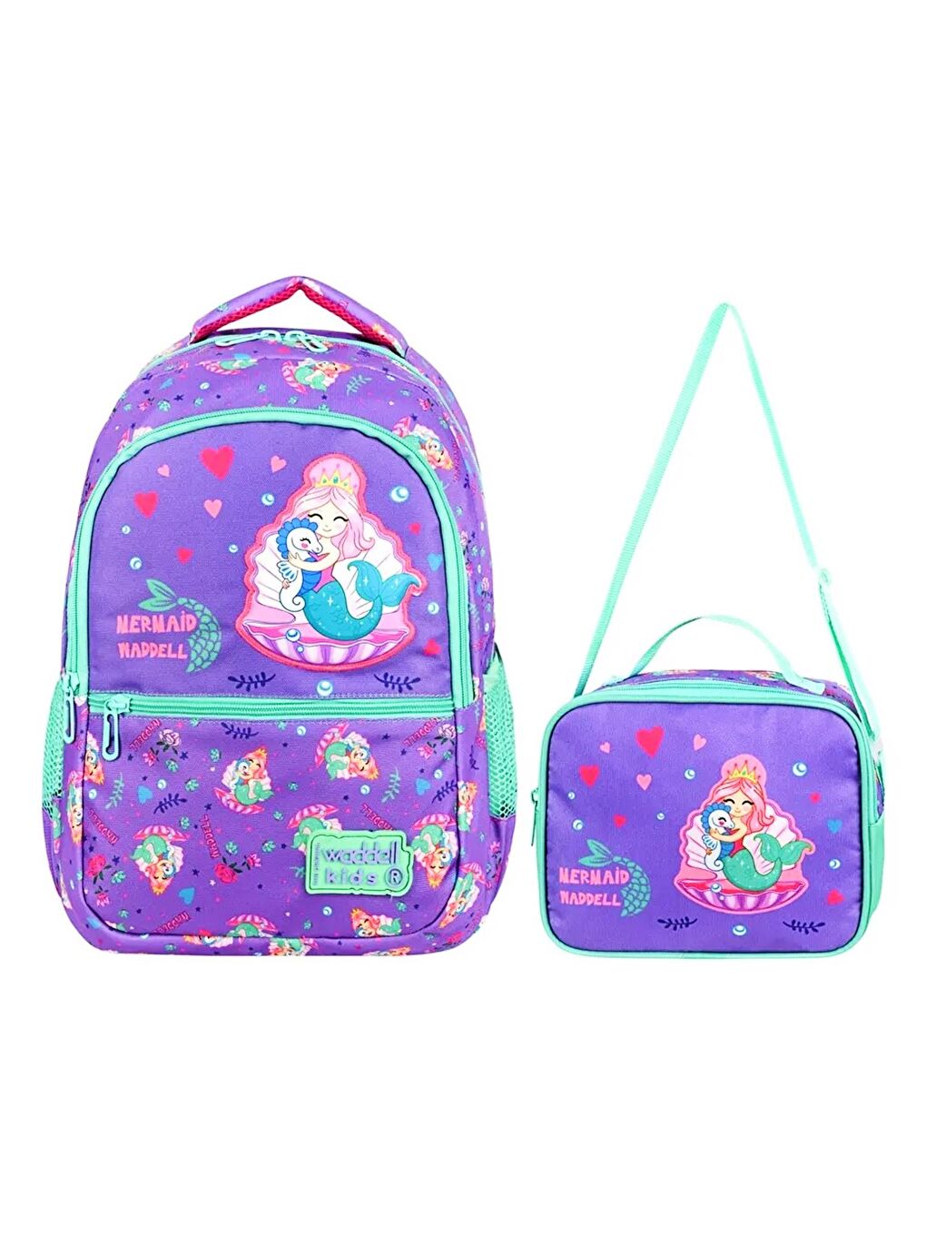 3 Bölmeli İlkokul Çantası ve Beslenme Çantası Deniz Kızı Mor-Yeşil 24204