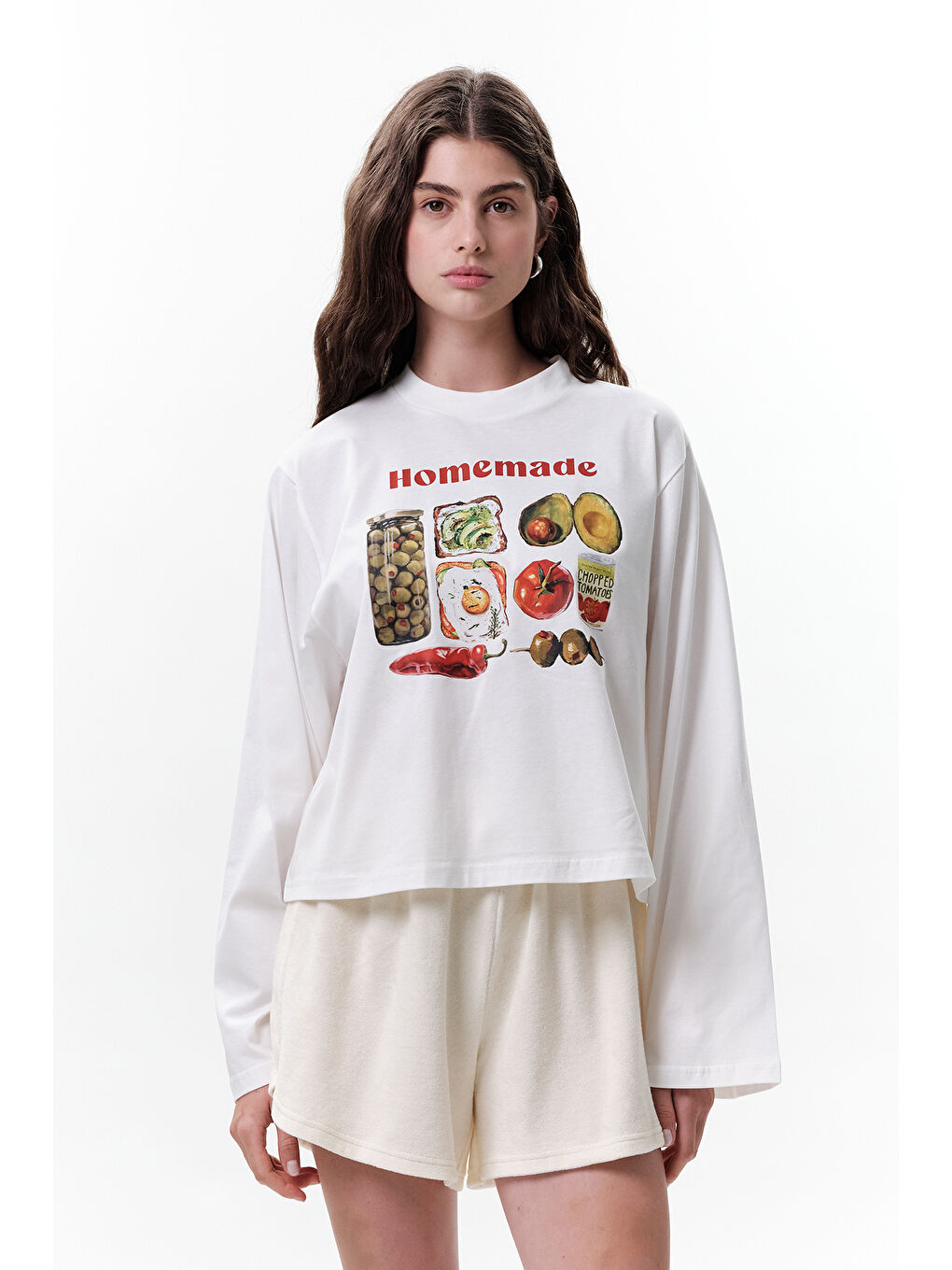 Beyaz Baskılı Crop Uzun Kol T-Shırt Homemade-2