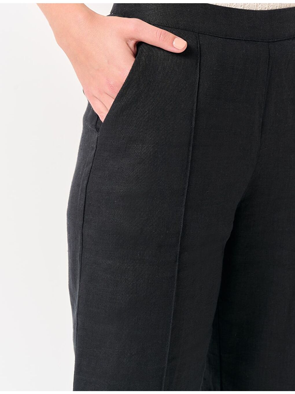 Siyah Yüksek Bel Cepli Keten Pantolon-1