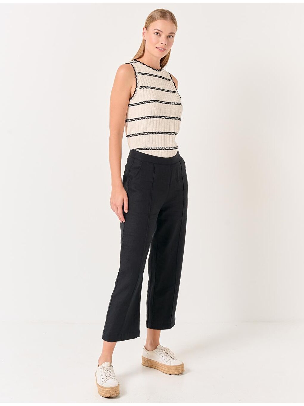 Siyah Yüksek Bel Cepli Keten Pantolon-3