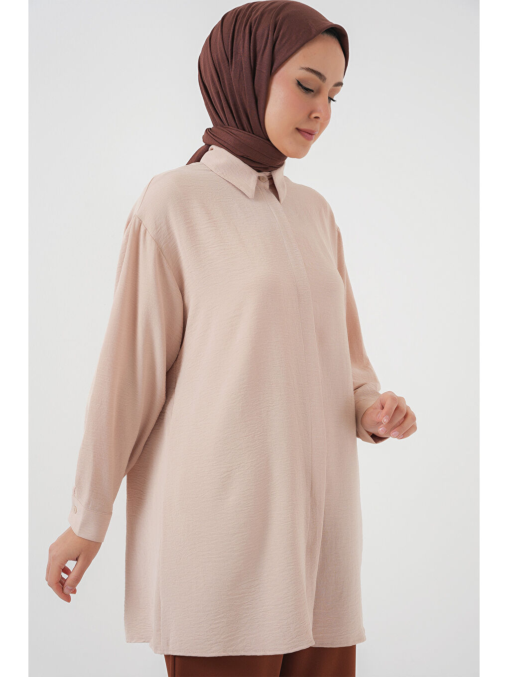 Ekru Kadın Uzun Gömlek Tunik 5945 - Krem-2