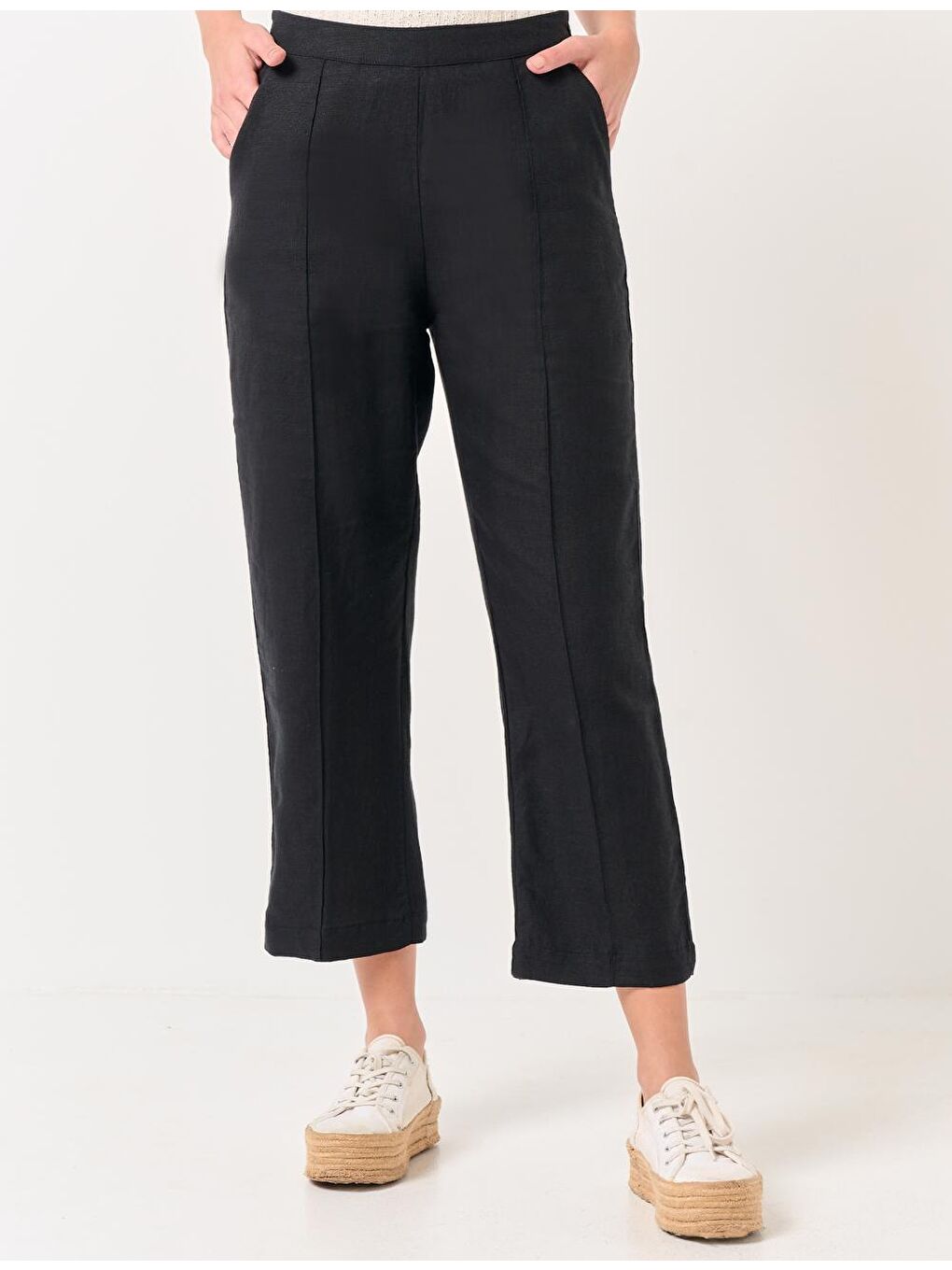 Siyah Yüksek Bel Cepli Keten Pantolon-4