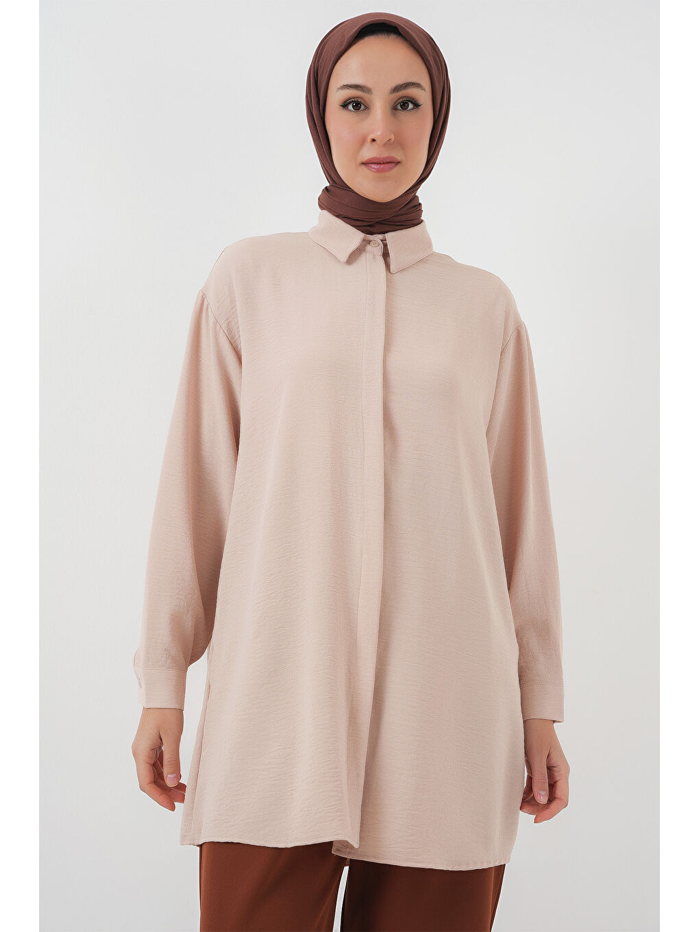 Ekru Kadın Uzun Gömlek Tunik 5945 - Krem-3