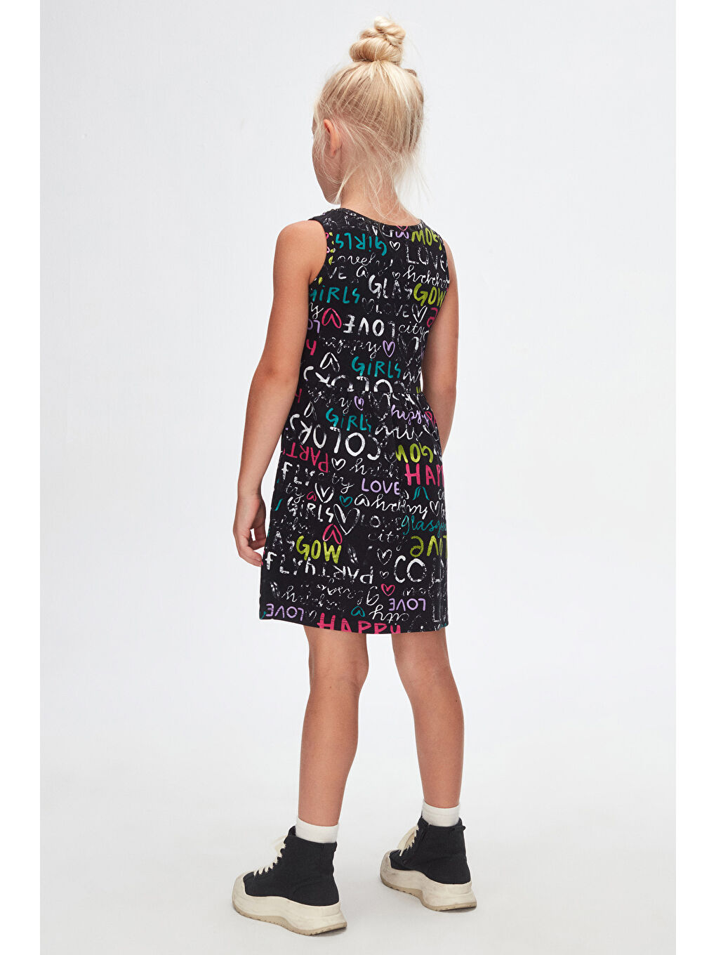 Siyah Glasgow Desen Kız Çocuk Kolsuz Elbise-3