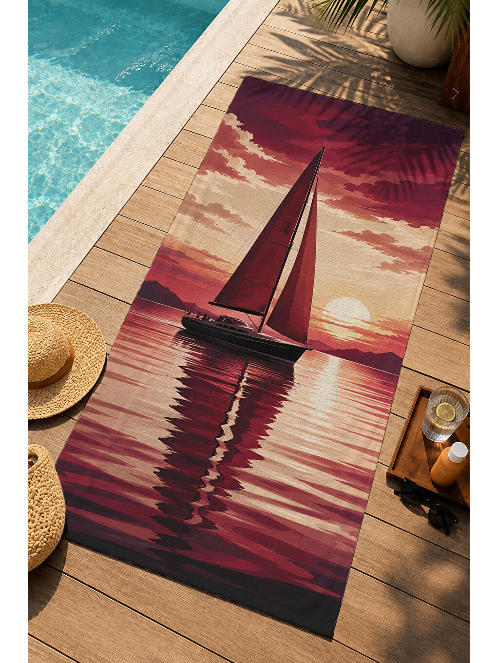 Kırmızı Vintage Bordo Yelkenli Akşam Işığı Deniz Desenli 70x150 Plaj Havlusu - Pamuklu Banyo Havlusu-3