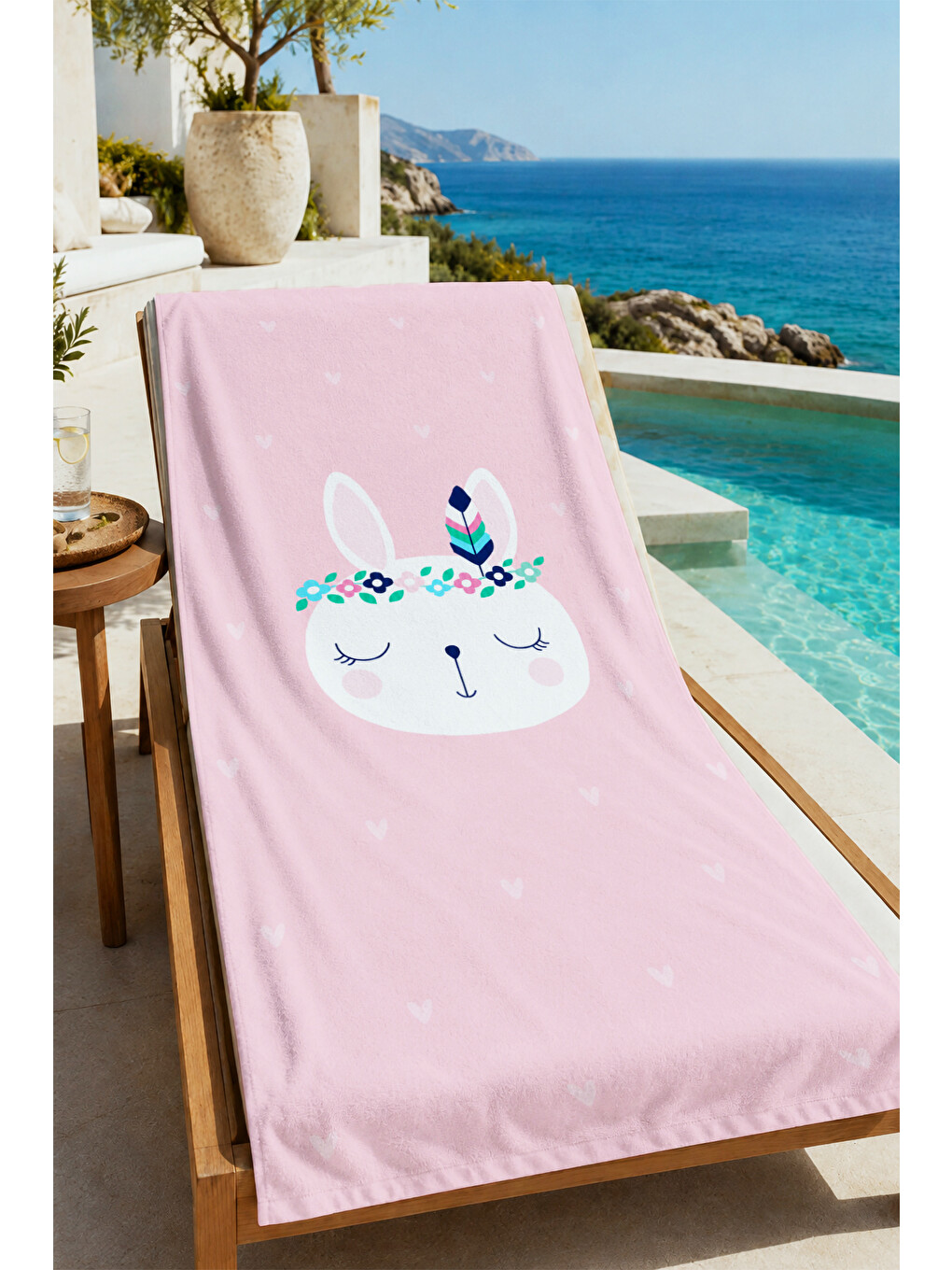 Sevimli Çiçek Taçlı Tavşan Pembe Desenli 70x150 Plaj Havlusu - Dijital Baskılı Solmaz Banyo Havlusu