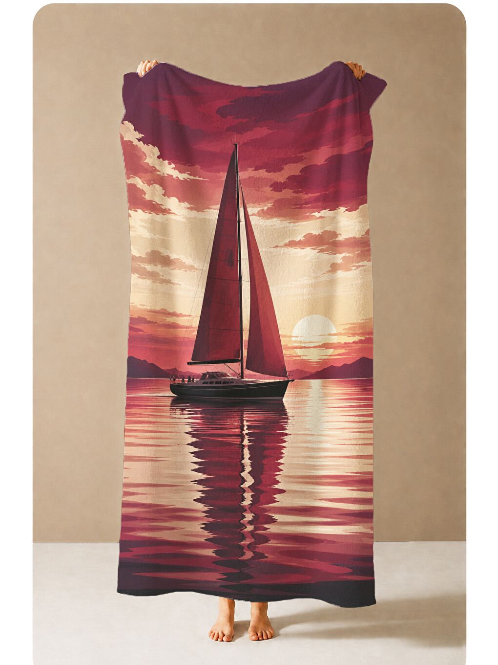 Kırmızı Vintage Bordo Yelkenli Akşam Işığı Deniz Desenli 70x150 Plaj Havlusu - Pamuklu Banyo Havlusu-4