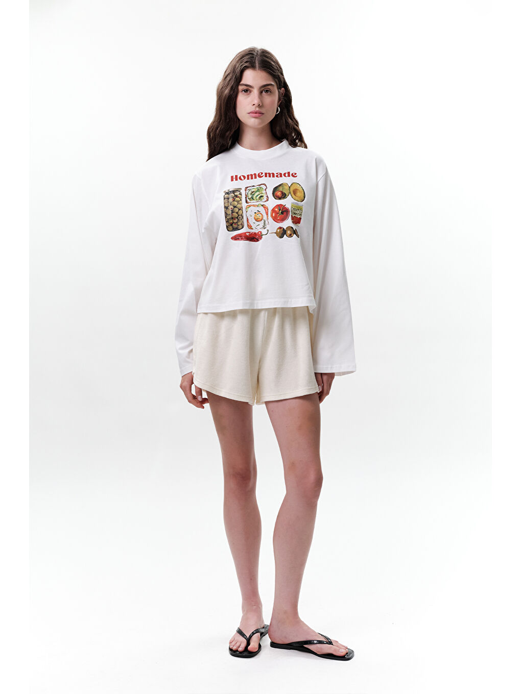 Beyaz Baskılı Crop Uzun Kol T-Shırt Homemade-3