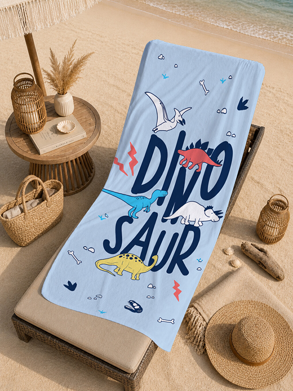 Yeşil Sevimli Dino Saur Yazılı Dinozor Desenli 70x150 Plaj Havlusu - Dijital Baskılı Solmaz Banyo Havlusu