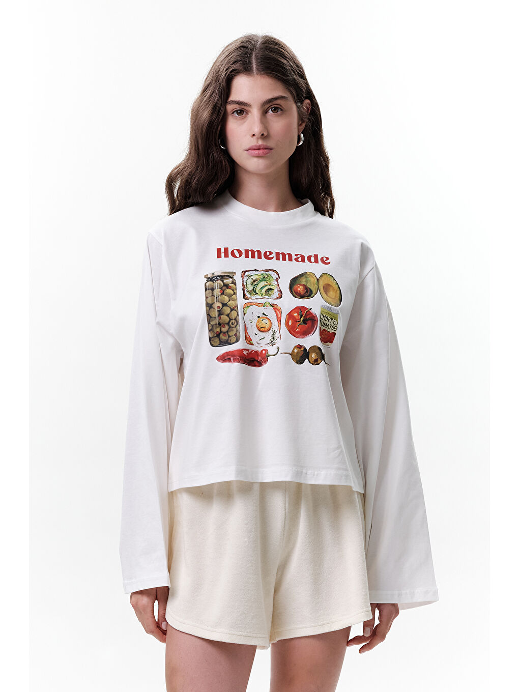 Beyaz Baskılı Crop Uzun Kol T-Shırt Homemade-4