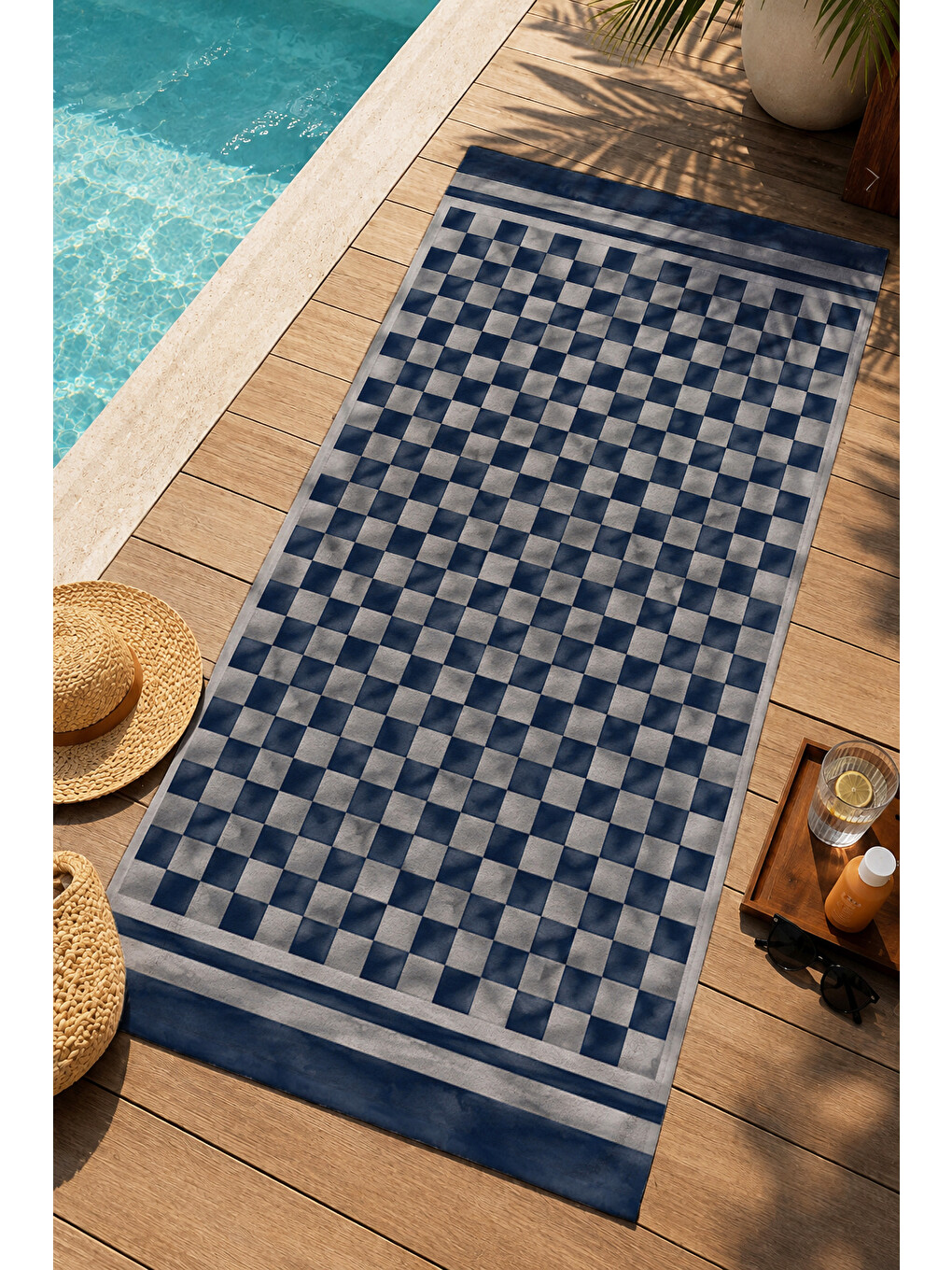 Modern Lacivert Mavi Damalı Kareli Desenli 70x150 Plaj Havlusu - Dijital Baskılı Banyo Havlusu-1