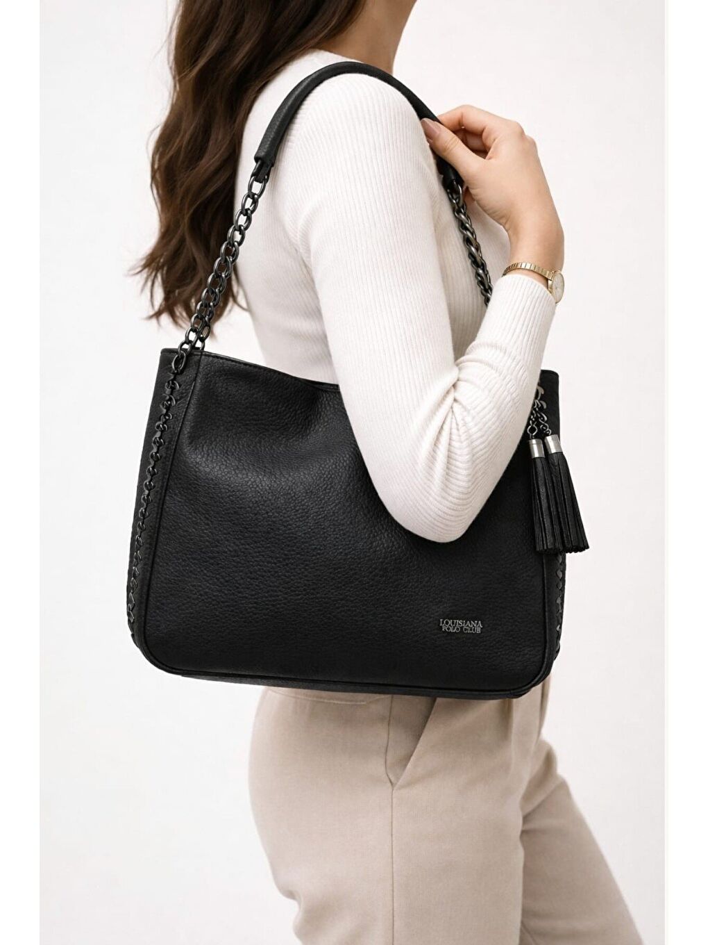 Siyah Kadın Hakiki Deri Görünümlü Zincir Askılı Omuz Çantası 12656-1