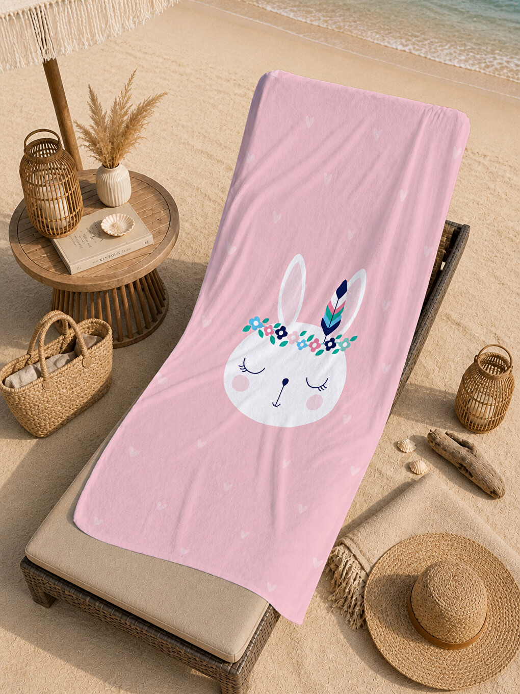 Sevimli Çiçek Taçlı Tavşan Pembe Desenli 70x150 Plaj Havlusu - Dijital Baskılı Solmaz Banyo Havlusu-1