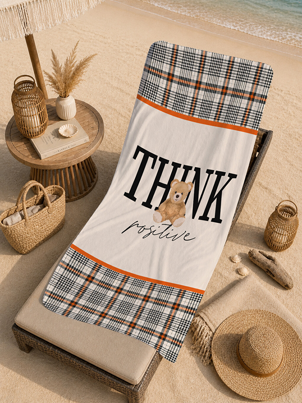 Pembe Retro Think Positive Yazılı Ekose Motivasyon Desenli 70x150 Plaj Havlusu - Pamuklu Banyo Havlusu