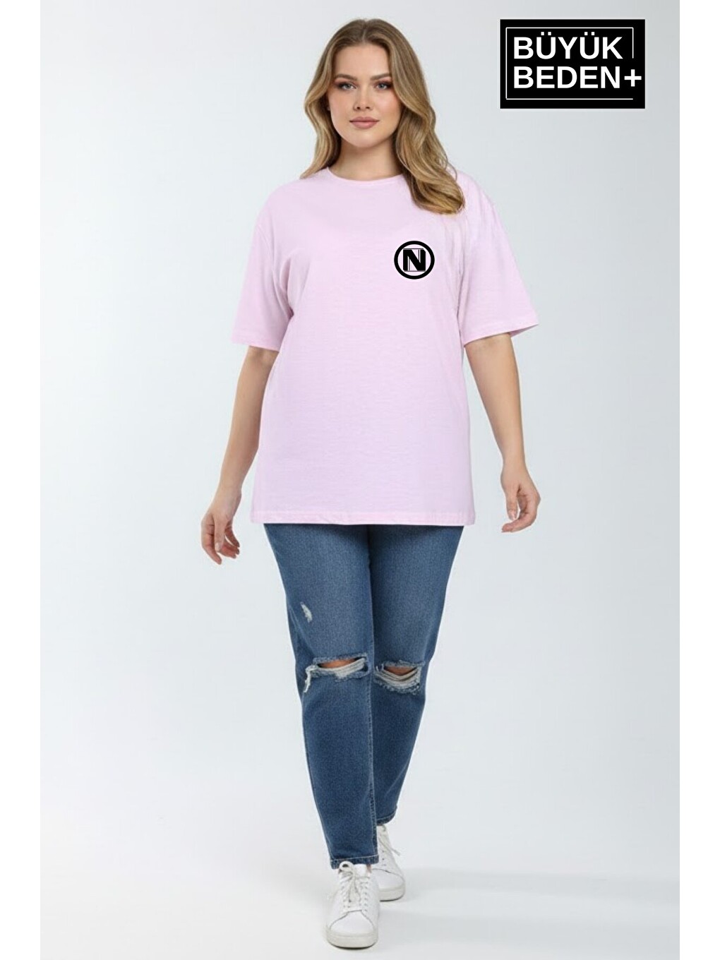Pembe Kadın Büyük Beden N Baskılı 3xl-6xl Bisiklet Yaka Tshırt SPR26BTSK510-19