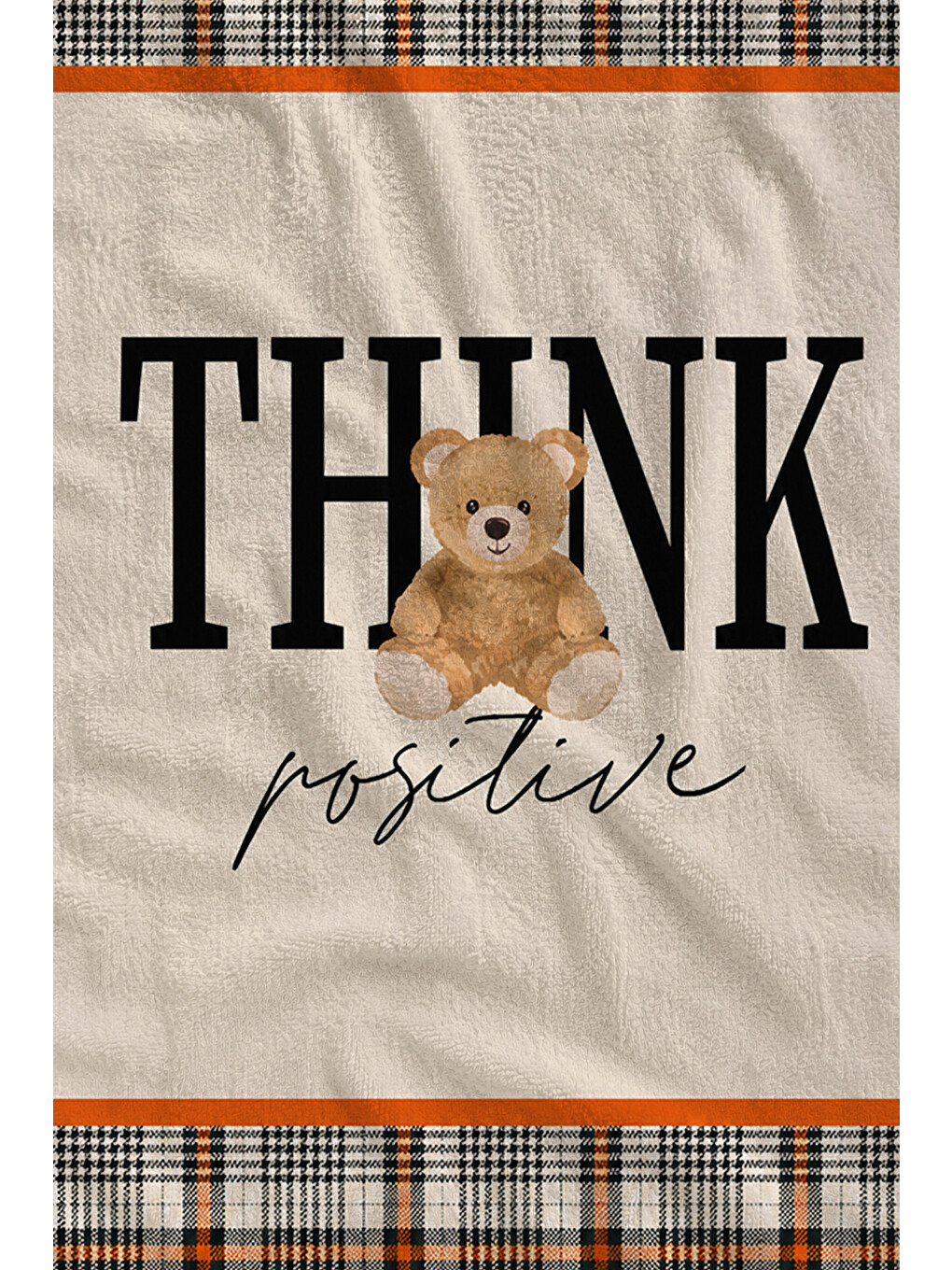 Pembe Retro Think Positive Yazılı Ekose Motivasyon Desenli 70x150 Plaj Havlusu - Pamuklu Banyo Havlusu-1