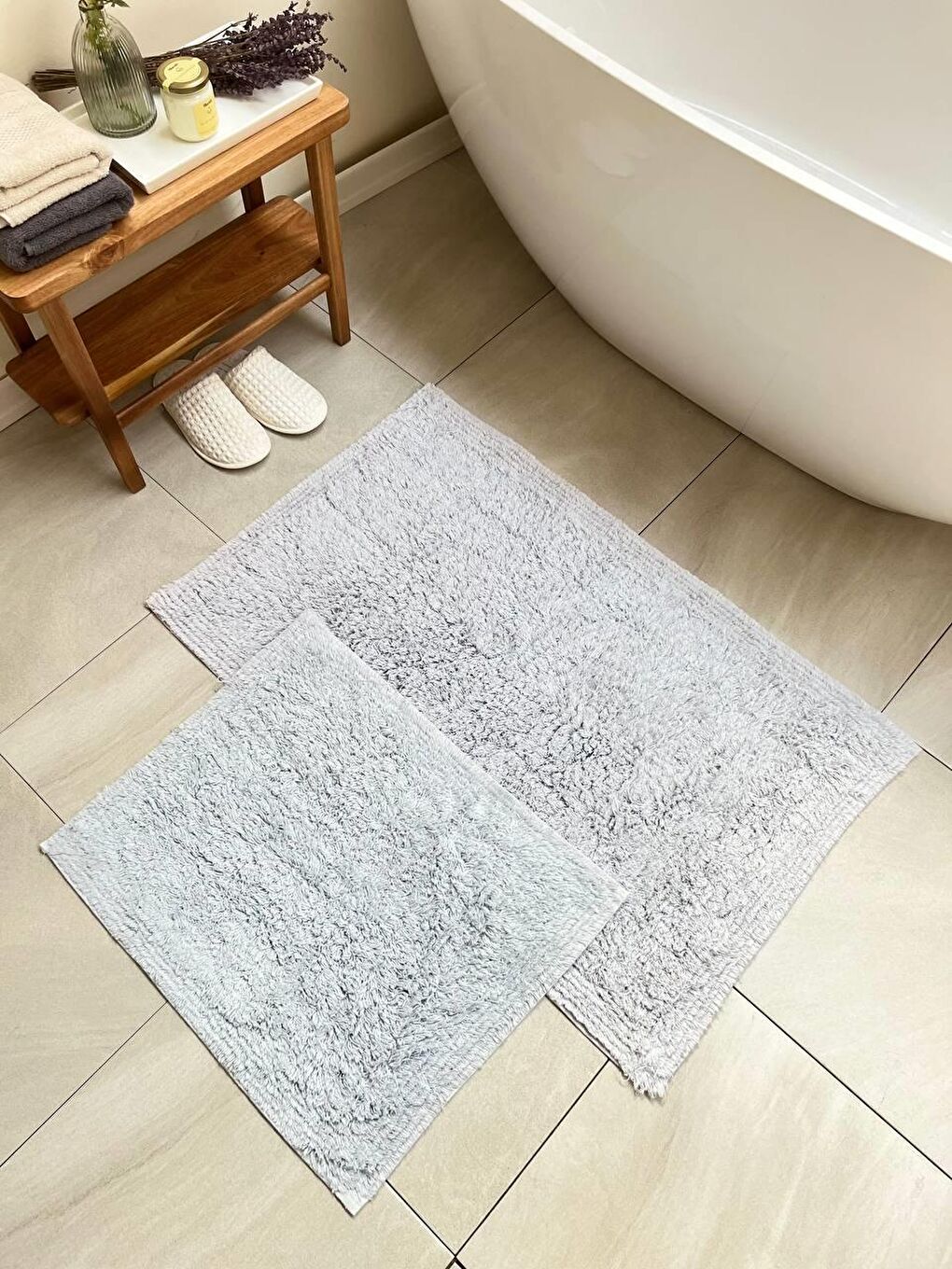 Bluenity Gri Lantau Doğal Pamuklu 2'li Banyo Paspas Seti 60x100+50x60 Cm - Gri