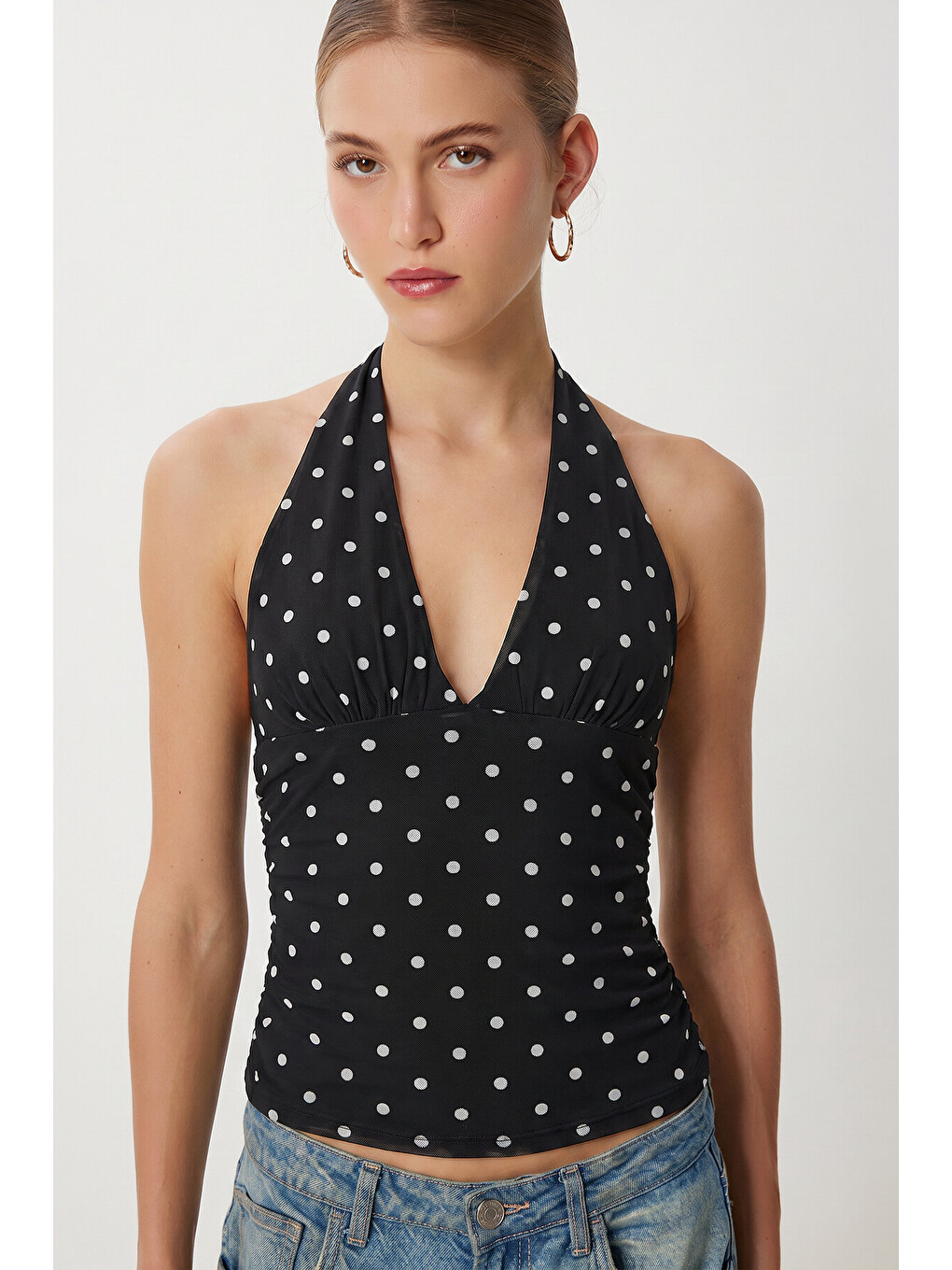 Siyah Puantiye Desenli Crop Tül Bluz SİYAH LFW0023