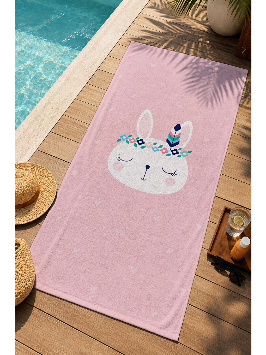 Sevimli Çiçek Taçlı Tavşan Pembe Desenli 70x150 Plaj Havlusu - Dijital Baskılı Solmaz Banyo Havlusu-3