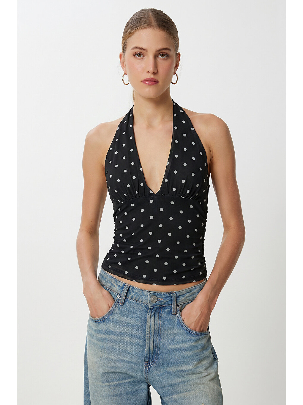 Siyah Puantiye Desenli Crop Tül Bluz SİYAH LFW0023-1