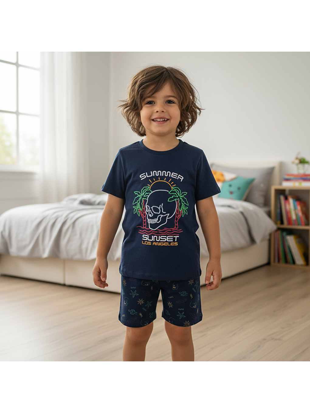 Çocuk Summer Baskılı Lacivert Renk 2'li Takım Cb1061-2