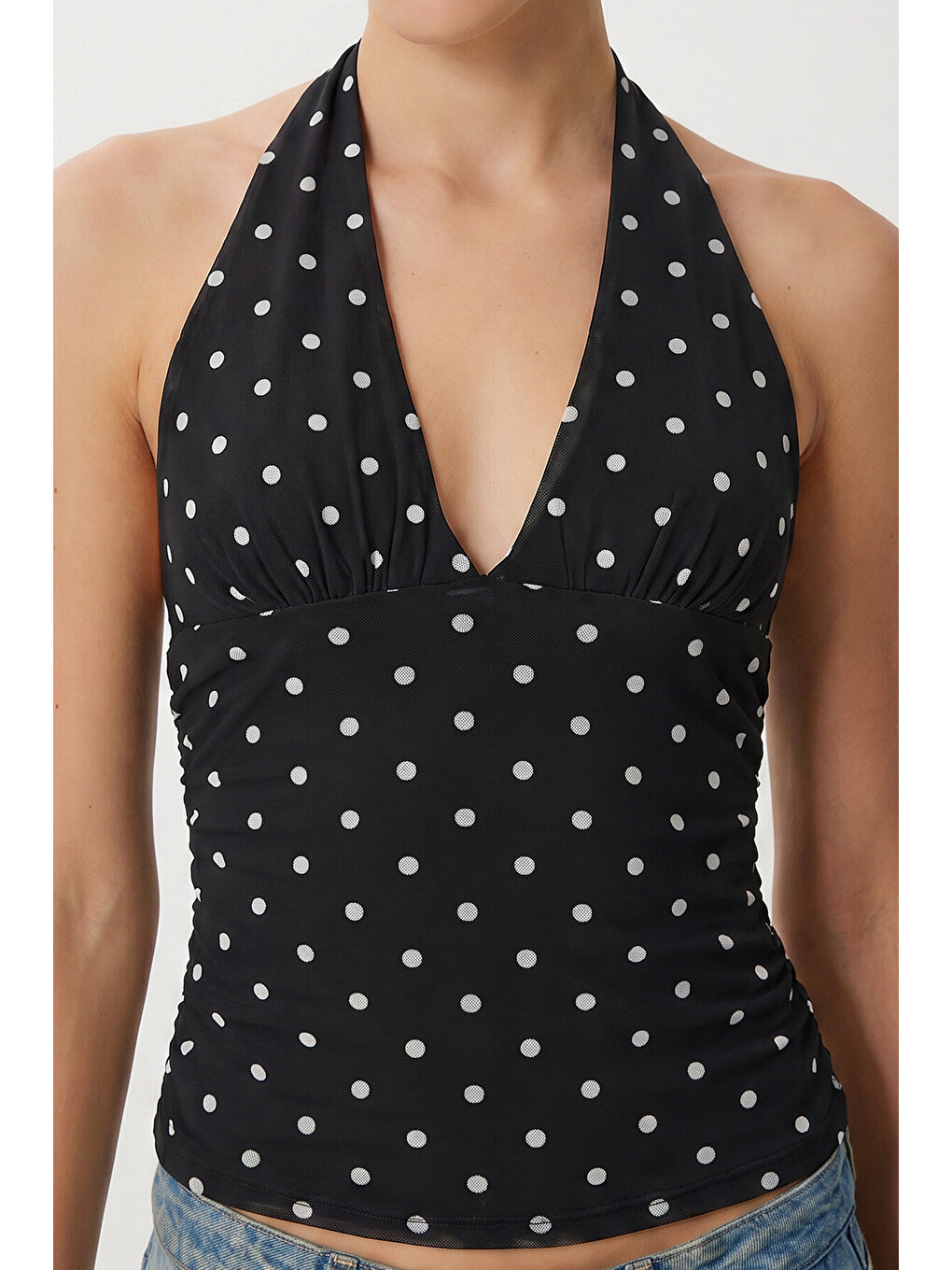 Siyah Puantiye Desenli Crop Tül Bluz SİYAH LFW0023-2