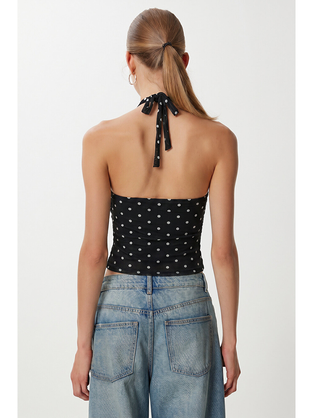 Siyah Puantiye Desenli Crop Tül Bluz SİYAH LFW0023-3