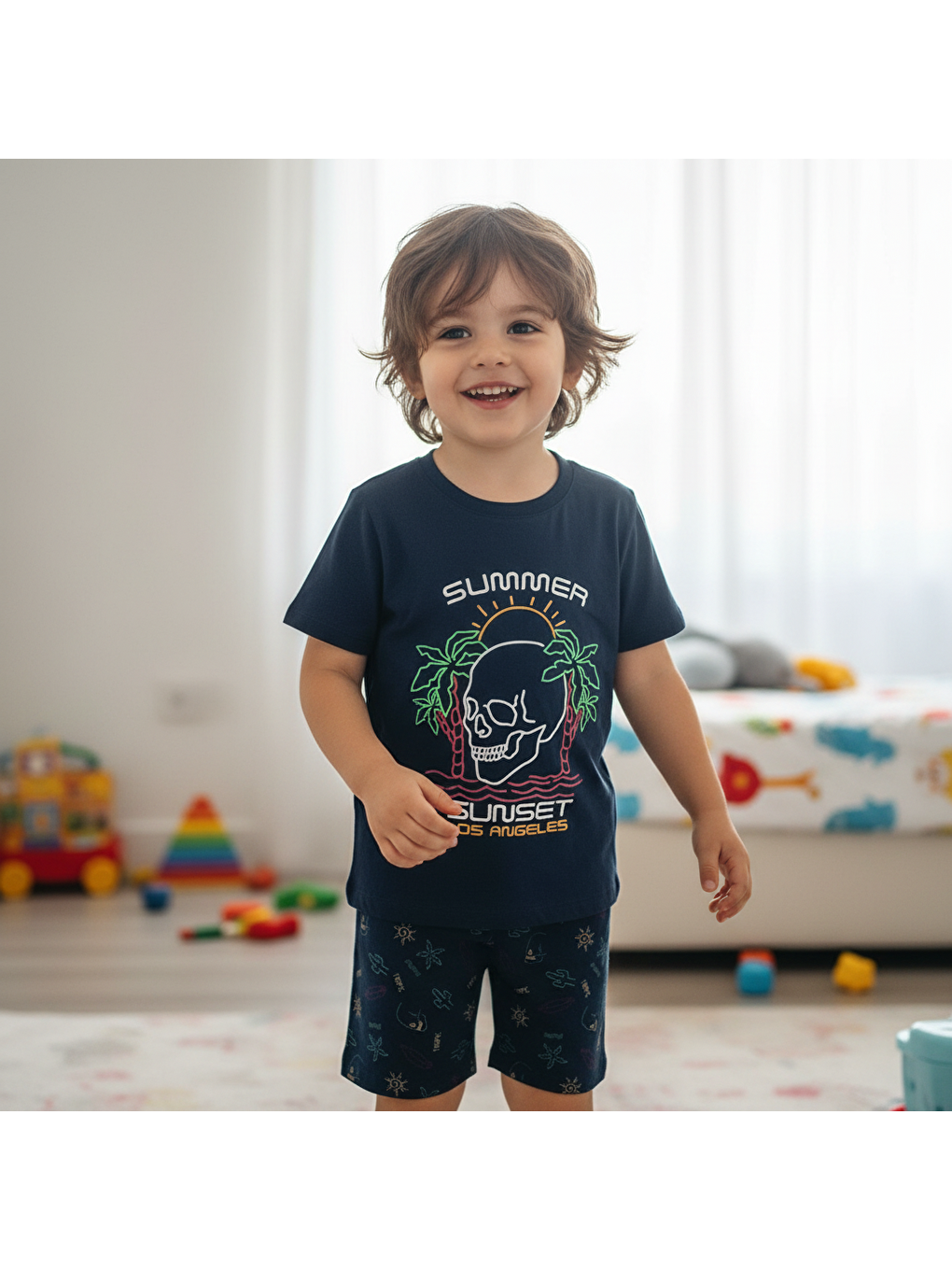 Çocuk Summer Baskılı Lacivert Renk 2'li Takım Cb1061-3