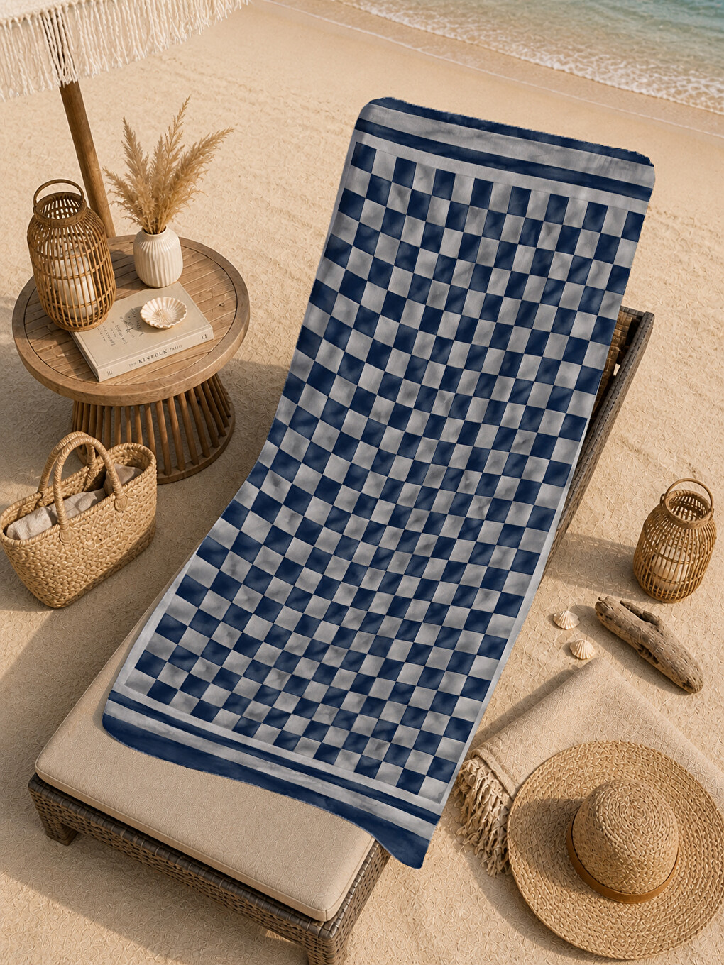 Modern Lacivert Mavi Damalı Kareli Desenli 70x150 Plaj Havlusu - Dijital Baskılı Banyo Havlusu-3