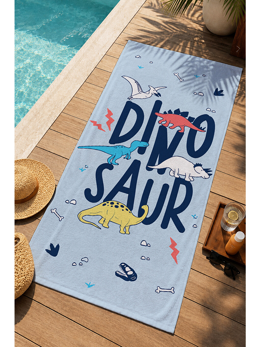 Yeşil Sevimli Dino Saur Yazılı Dinozor Desenli 70x150 Plaj Havlusu - Dijital Baskılı Solmaz Banyo Havlusu-2
