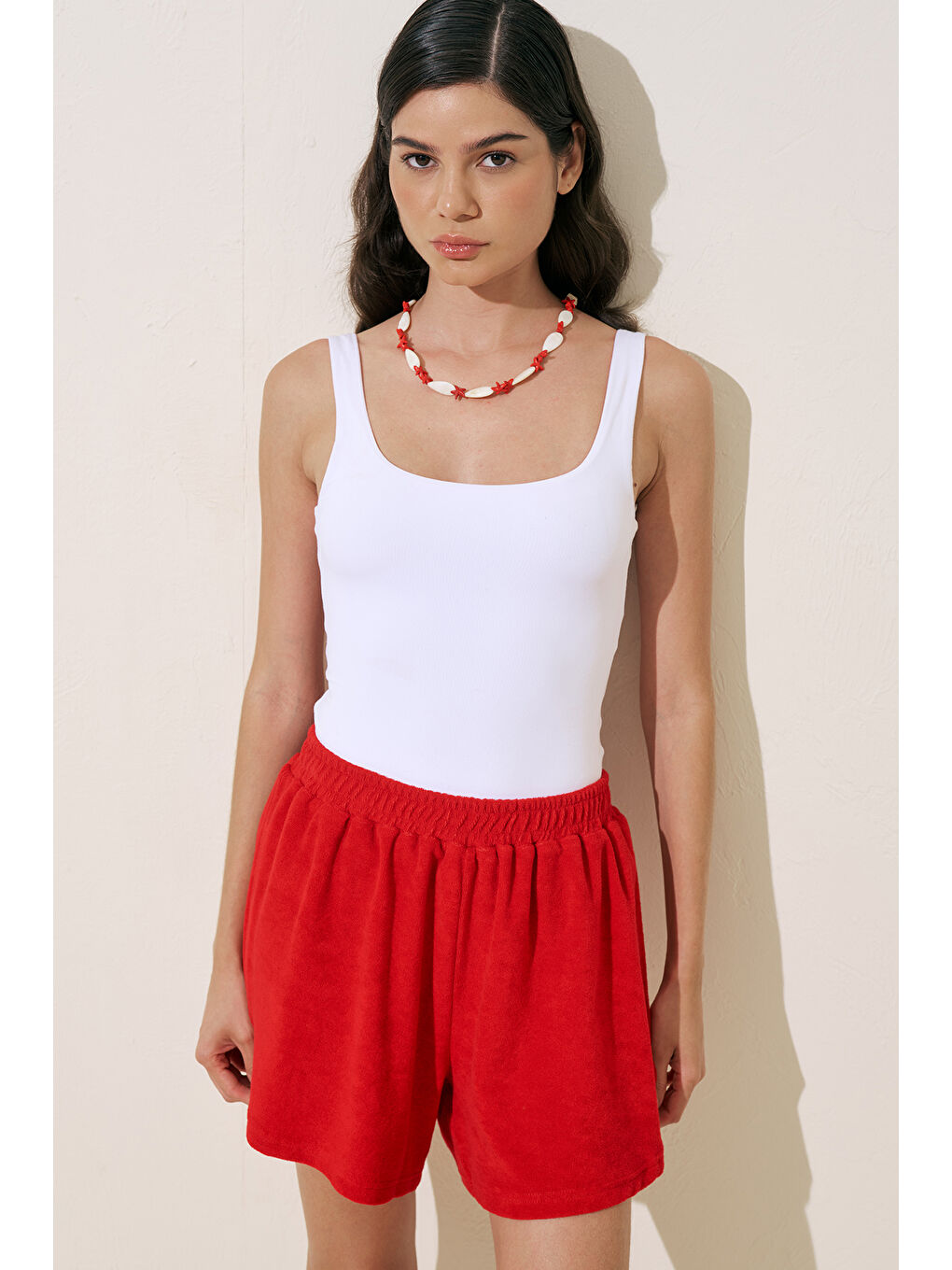 Havlu Kumaş Şort Kırmızı-2