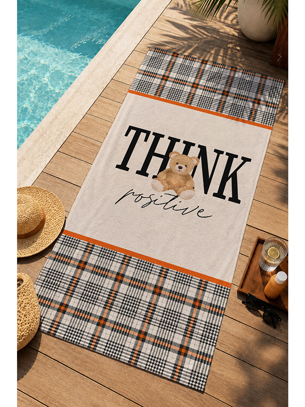 Pembe Retro Think Positive Yazılı Ekose Motivasyon Desenli 70x150 Plaj Havlusu - Pamuklu Banyo Havlusu-2