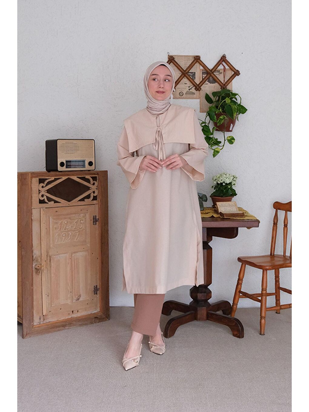 Ekru Krem Bahriye Yaka Tunik-1